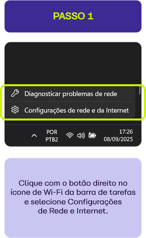 Tela de configuração de rede e internet no smartphone com destaque nas opções de Diagnosticar problemas de rede e Configurações de rede e da Internet, passo a passo para solucionar problemas de conexão.