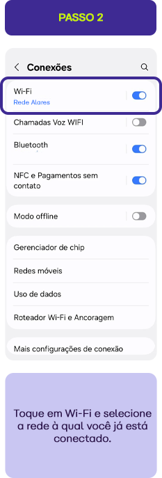 Configurações de Wi-Fi no smartphone, mostrando a opção de conexão ativada, essencial para acesso à internet sem fio.