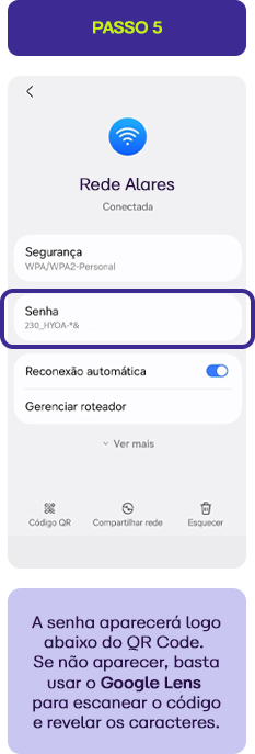 Configuração de senha Wi-Fi no celular, destacando campo de senha e opção de reconexão automática para conexão segura e rápida.