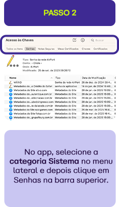 Imagem mostrando passo a passo para acessar senhas no app de chaves, destacando a categoria Sistema no menu lateral e a opção Senhas na barra superior.