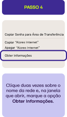 Imagem mostrando passo 4 no menu de configuração do dispositivo, instruções para obter informações na rede Wi-Fi, com destaque em 'Obter Informações'.
