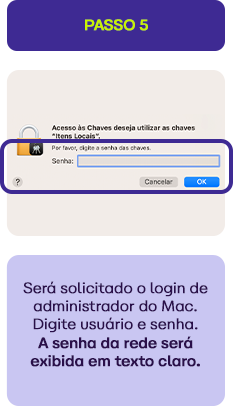 Imagem explicativa do passo 5 para acessar o login do Mac, com destaque para digitar senha e nome de usuário na tela de login do sistema operacional Apple.