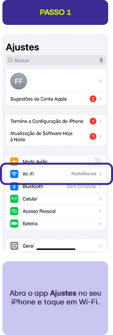 Configurando Wi-Fi no iPhone acessando o menu de Ajustes, com destaque na opção de Wi-Fi para conectar-se à rede sem fio.