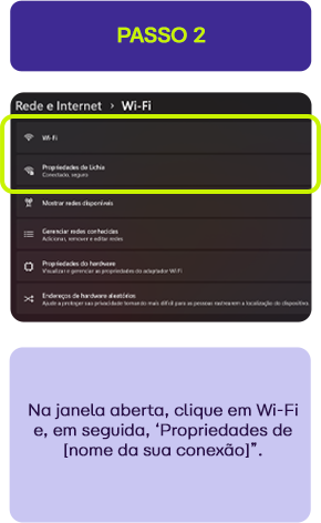 Instruções passo a passo para conectar a um Wi-Fi, mostrando a opção de clicar em 'Propriedades de Wi-Fi' na janela de configurações de rede. Indicado para quem deseja configurar a conexão wireless e otimizar sua rede doméstica.