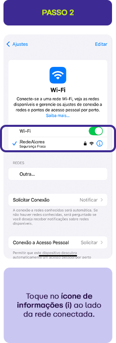 Configuração de Wi-Fi em dispositivo móvel com conexão à rede RedeAles, indicando conexão de baixa segurança, com instruções para solicitar conexão
