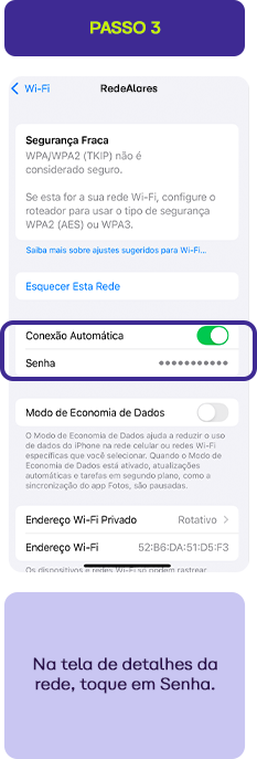 Configuração de senha em detalhes de rede Wi-Fi no celular, destaque para a opção 'Conexão Automática' ativada e o campo de senha com pontinhos.