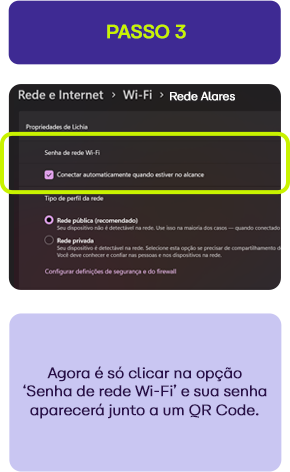 Imagem mostrando passo 3 para conectar-se a uma rede Wi-Fi no celular, destacando a opção 'Senha de rede Wi-Fi' e o botão para conectar automaticamente. Instruções claras indicam como acessar e inserir a senha para conectar-se à rede Wi-Fi de forma fácil.