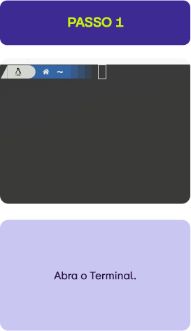 Instruções para abrir o terminal no computador, com destaque para a mensagem 'Abra o Terminal' na parte inferior da tela, útil para usuários iniciantes.
