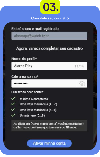 Imagem de tela de cadastro de conta, mostrando campos para email, nome do perfil, senha e botão para ativar conta.