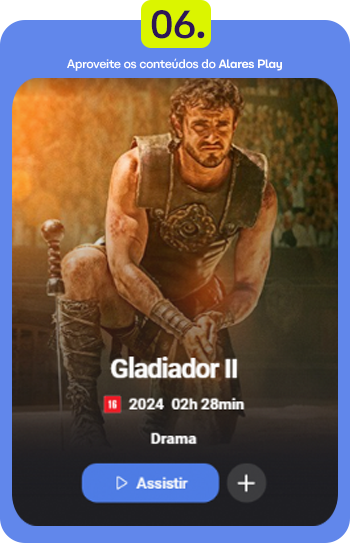 Imagem do personagem Gladiador II, um homem com expressão forte e roupas de guerreiro, promovendo o conteúdo do Alares Play e o filme Gladiador II.
