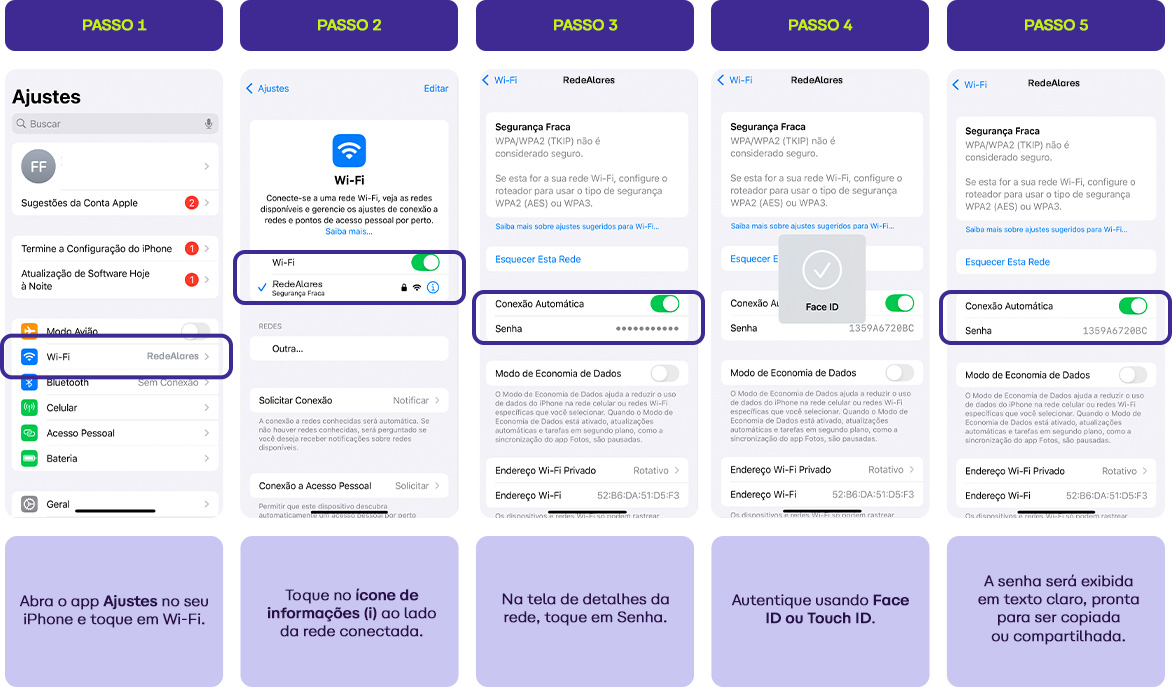 Tutorial passo a passo para configurar senha Wi-Fi no iPhone, incluindo ativar Face ID e conexão automática, com detalhes na tela de configurações.